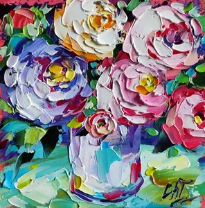 original oil painting Peony Rose colorful flowers artwork Floral still life art - Picture 1 of 8