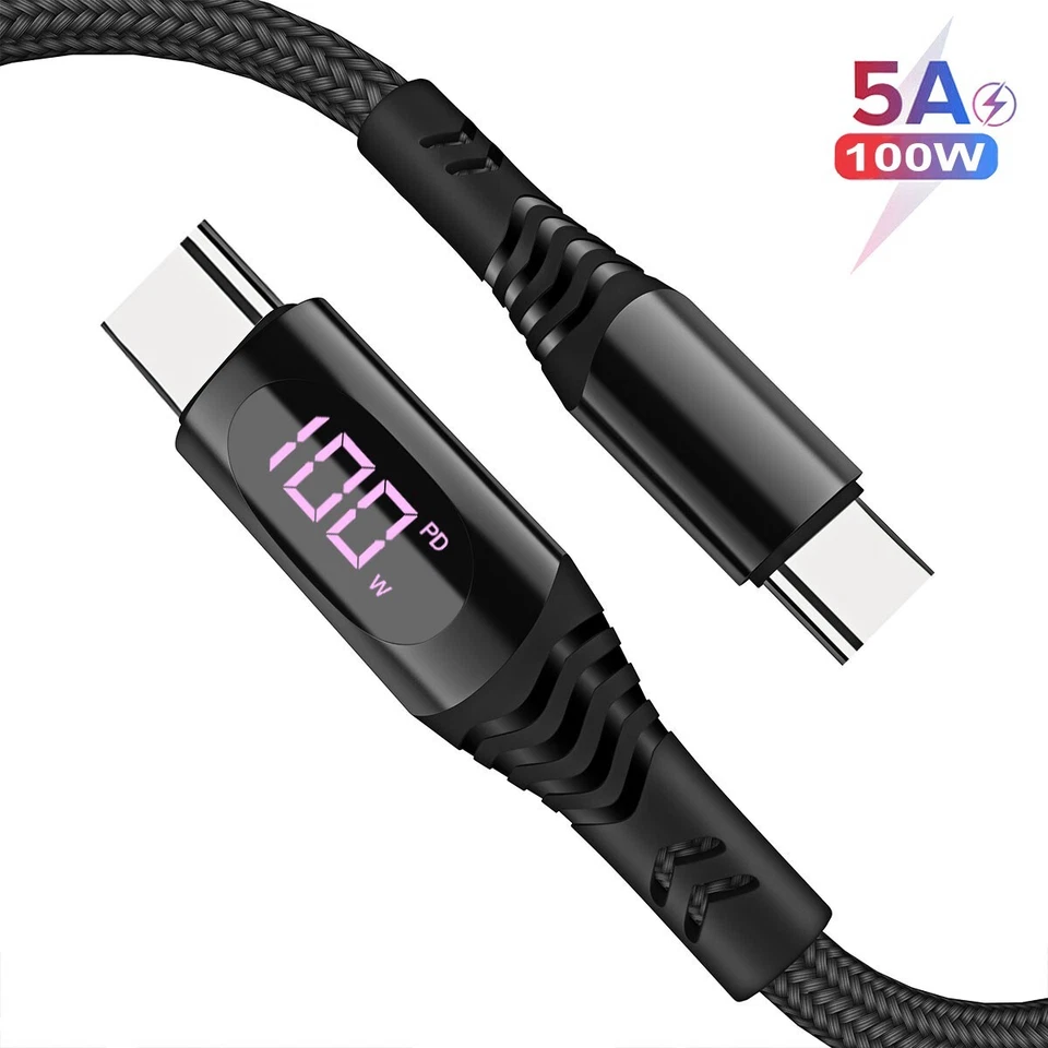 PD 100W 5A USB C to USB C Cable Fast Charging Cord LED Display Type-C Charger - Image 1 of 4