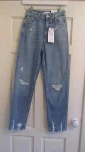 NEW ZARA WOMAN BLUE RIPPED HIGH RISE CLASSIC MOM JEANS WAIST 24" SIZE 2 Y512 - Picture 1 of 4