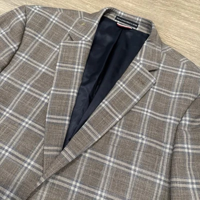 Tommy Hilfiger Blazer Mens 46L Brown Blue Windowpane Plaid 2-Button Coat Jacket - Image 1 of 4
