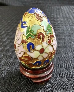 Cloisonne Style Decorative Egg Enameled Brass Wood Stand Floral Pattern Vintage - Picture 1 of 12