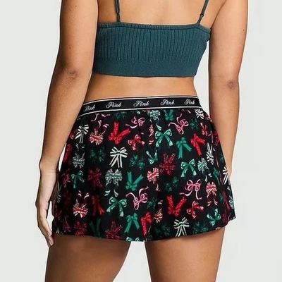 Victoria's Secret Rosa Negro Lazo Vacaciones Pijama Pantalones Cortos para Dormir Salón Navidad XL Foto 1 de 4