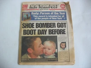 Original Dec 24  2001 New York Post newspaper SHOE BOMBER Rudy Giuliani - Picture 1 of 11