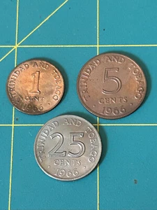 1966 Trinidad & Tobago 1, 5 & 25 Cent coins - Picture 1 of 8