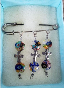 Handmade KILT PIN WITH Millefiori Glass Beads & Cross SAFETY PIN BROOCH - Picture 1 of 5