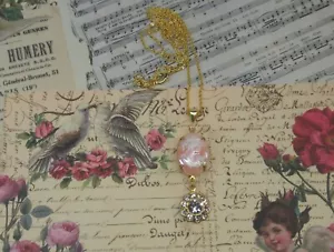 Vintage Pink Cameo Preciosa Crystal Drop Pendant Old New Necklace. - Picture 1 of 7