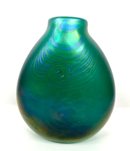 Vintage mundgeblasene Kunstglasvase signiert Jim Bush grün blau verwirbelt 6,5" hoch 1996 - Bild 1 von 7