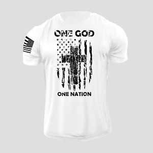 Men's One GOD One Nation Cross USA Flag T Shirt American Patriotic 100% Cotton