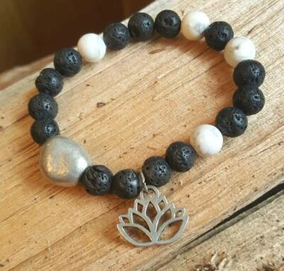 Buddha Yoga Bracelet Energy Power Black Lava White Howlite - Image 1 of 4