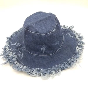 Denim Sun Hat Distressed Raw Edge Dark Blue 3.5 in Brim Retro Look - Picture 1 of 6
