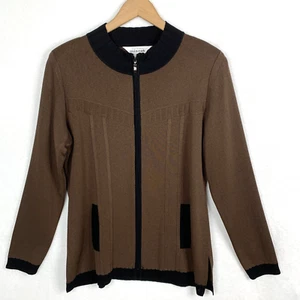 Exklusiver Misook Pullover Damen klein braun schwarz Borte durchgehender Reißverschluss Strick Cardigan - Bild 1 von 13