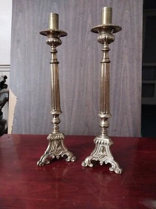 PAR DE CANDELABROS ALTAR IGLESIA *Latón * JESÚS Y MARÍA 21" - Imagen 1 de 10