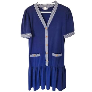 By Berkeley Vintage 80's Navy Blue Drop Waist Puffy Sleeve Sailor Dress. Sz. 14p - Picture 1 of 8