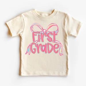 Girls 1st Grade Bow Back To School Shirt - First Day Of School Tee - Picture 1 of 7