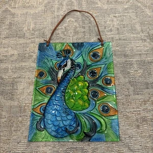 Pier One umgekehrt bemalt Pfau Kunst Glaskunst Wandbehang Handarbeit Vintage - Bild 1 von 10