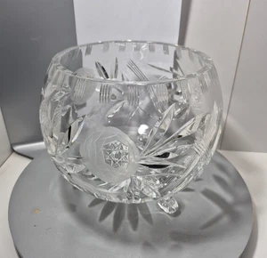 Vintage Bohemia Crystal Cut Large Heavy Footed Fish Bowl Starburst Pinwheel Rose - Bild 1 von 11