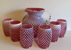 Fenton Cranberry Hobnail Opalescent Pitcher & Tumbler 7 pc Water Set - Picture 1 of 10