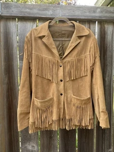 Giacca di pelle scamosciata marrone marrone marrone con frange Joo Kay vintage taglia 14 - Foto 1 di 24