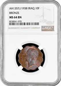 Iraq 10 fils AH 1357 (1938), NGC MS64 BN, "King Ghazi I (1933 - 1939)" BRONZE - Picture 1 of 2