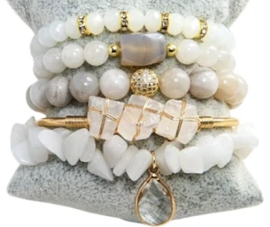 HANDMADE Natural Stone Beaded Bracelet Set 5 Stack Jade Agate Rose Quartz - Picture 1 of 3