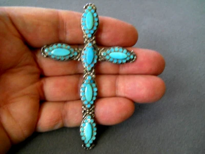 DISHTA Native American Zuni Turquoise Cluster Sterling Silver Cross Pendant 3.6" - image 1 of 4