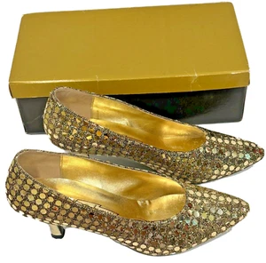 Vintage 70s Marquise Heels Black with Gold Sequins Formal Pumps Womens Size 9 M - Picture 1 of 8
