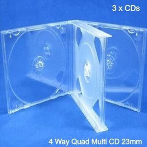 3 x 4 Way Quad Multi CD Jewel Case 23mm with Clear Tray holds Four Discs 25mm - Afbeelding 1 van 8