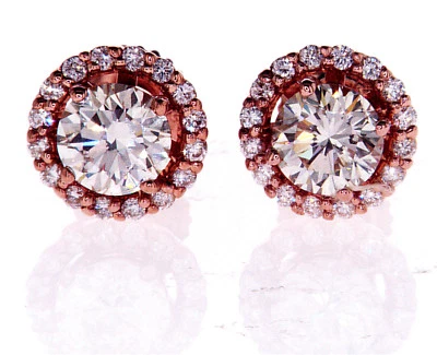 Aretes de diamantes de 1 quilate de oro rosa de 14 quilates con certificación GIA corte redondo natural  Foto 1 de 4