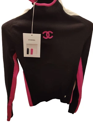 Chanel Negro Rosa Blanco Suéter Coco Neige Esquí 100% AUTÉNTICO Foto 1 de 4