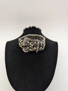 Silvertone Pave Rhinestone Belt Buckle Stretch Bracelet Westernwear - Picture 1 of 7