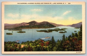 Cartolina d'epoca in lino Gli stretti cento isole Lake George NY - Foto 1 di 2