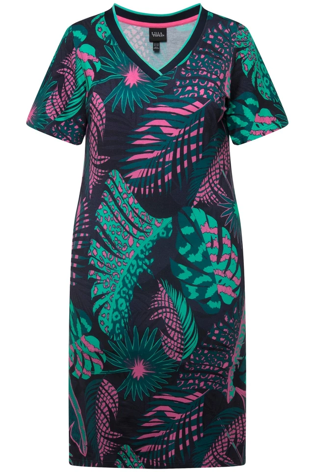 Ulla Popken Damen große Größen Jersey Midikleid Palmen A Linie V Ausschnitt