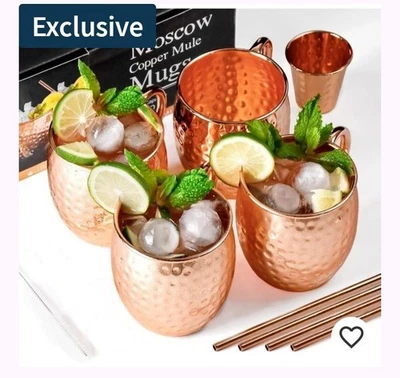 Juego de 4 tazas mula moscú 16oz. Cepillo de limpieza de 4 pajitas, 1 vaso de chupito y pajita. Foto 1 de 4