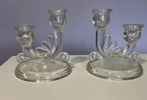 2 Vtg Clear Pressed Glass Candlestick Holders Art Deco Fan Etched Candles EUC - Picture 1 of 23