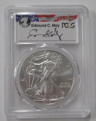 US 2012 W BURNISHED SILVER American Eagle $1 Dollar Signed Edmund Moy PCGS SP70 - Image 1 of 4