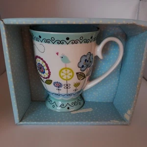 Mug Tasse -Porcelain Floral Birds New In Teal Blue Display Box - Picture 1 of 5