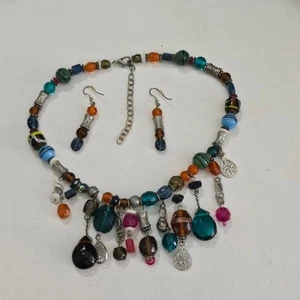 Treska Multi Colored Beaded Fringe CHARM Choker Necklace and Earrings New - Picture 1 of 8