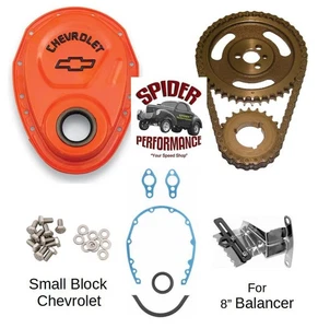Small Block Chevy double roller timing chain orange cover with tab bolts gasket - Picture 1 of 6