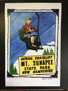 Mount Sunapee New Hampshire Aerial Chairlift Ski Poster signed by NH Artist - Picture 1 of 6