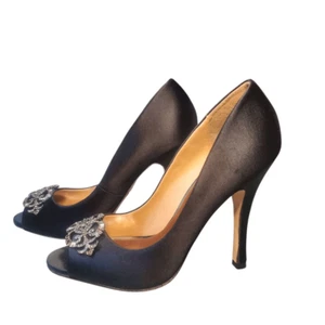 BADGLEY MISCHKA Black Shoes Satin Ladies Stiletto Peep Toe high Heel Size 8.5 - Picture 1 of 8