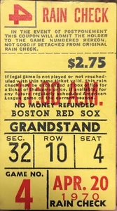 4/20/70 Boston Red Sox Rain Check Stub Ticket  Tony Conigliaro Comeback Season! - Picture 1 of 3