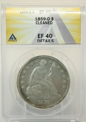 1859-O $1 Silver Seated Liberty Dollar ANACS EF40 Details Cleaned #0227 Cover