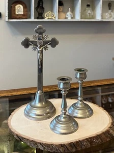Antique Budded Nickel & Ebony Wood Altar Cross Standing Crucifix w Candleholders - Picture 1 of 9
