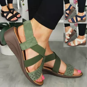 Sandalias Zapatos Cordones Mujer Cuña Elástica Punta Abierta Verano Cómodas Damas Tallas - Imagen 1 de 33