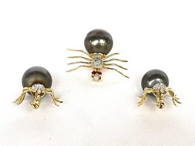 MAGNIFICENT 3PCS 14K YELLOW GOLD BLACK PEARL DIAMOND RUBY SPIDER PENDANT BROOCH - Image 1 of 4