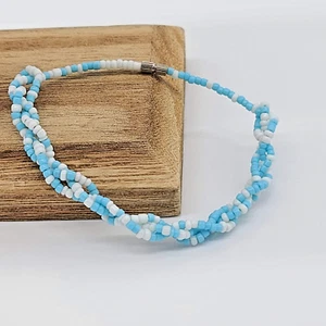 Braided White & Baby Blue Seed Bead Bracelet, 7-1/4" - Picture 1 of 7