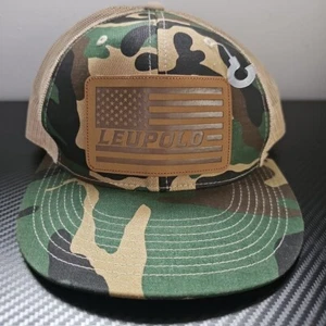 NWOT Leupold Optics Leather Flag Truckers Snap-Back Bottomland Camoflauge Hat - Picture 1 of 8