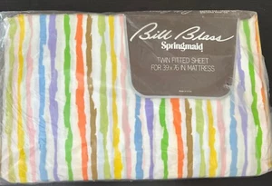 VTG Bill Blass NOS Springmaid Twin Fitted Sheet Confetti Stripe Pastel Rainbow - Picture 1 of 7