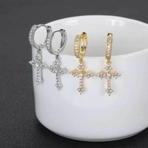 Crystal Hoop Earrings Cross Dangle Surgical Steel Men Women Girls Jewelry Gifts - Picture 1 of 15