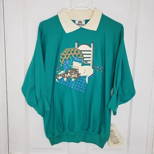 Vintage Cottagecore Cat Batwing Sleeve Collared Sweatshirt Womens OS NWT Vtg - Picture 1 of 8